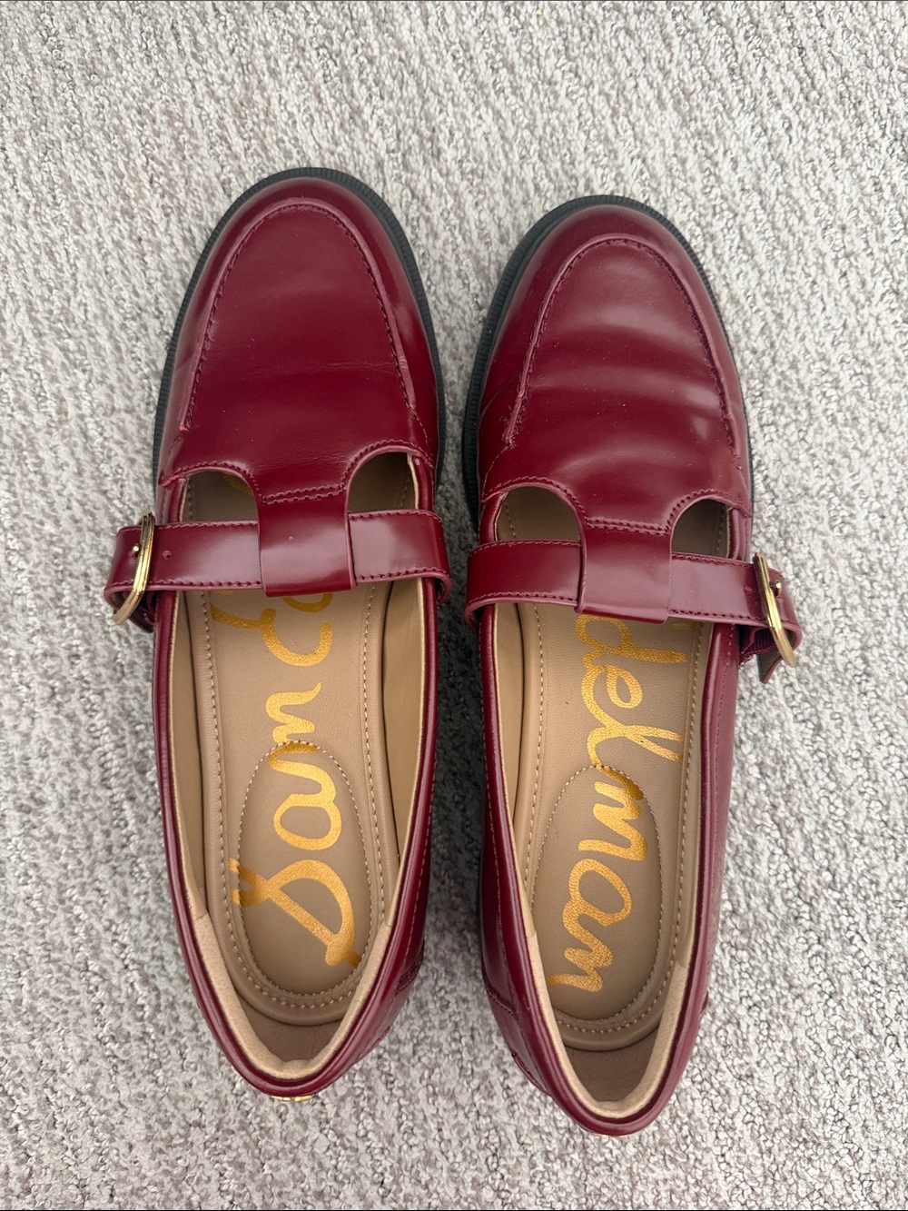 Sam Edelman Women's Burgundy Patent Loafers with Gold Buckle